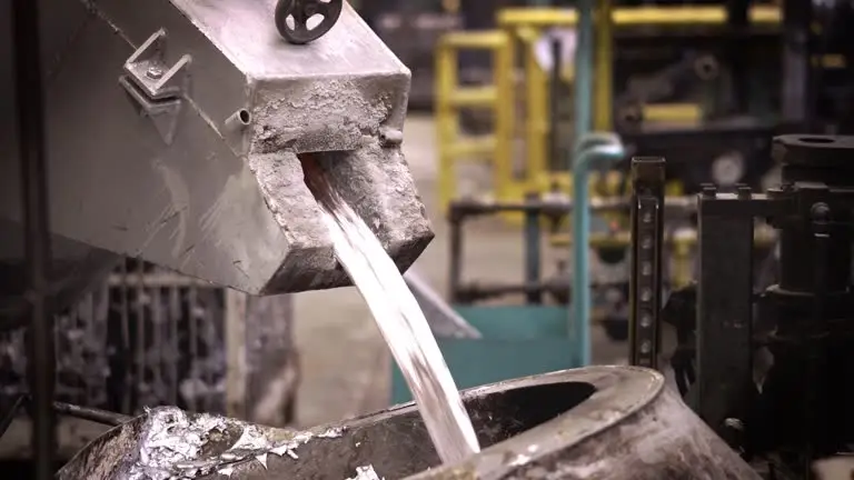 Aluminium melting, operator work hard tapping molten metal from ladle to holding furnace die casting machine, heavy foundry factory